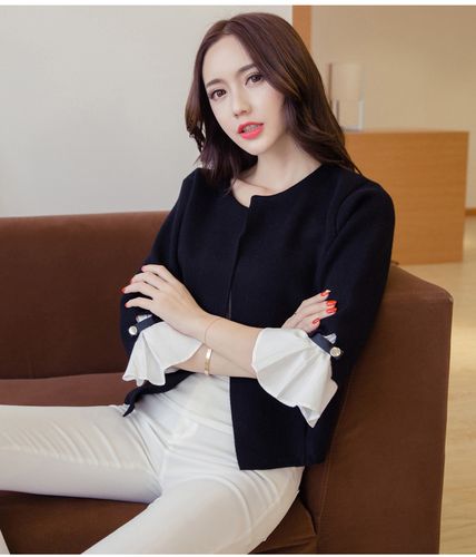 荷叶边袖针织衫女开衫百搭简约短款毛衣外套小衫女秋2017新款长袖